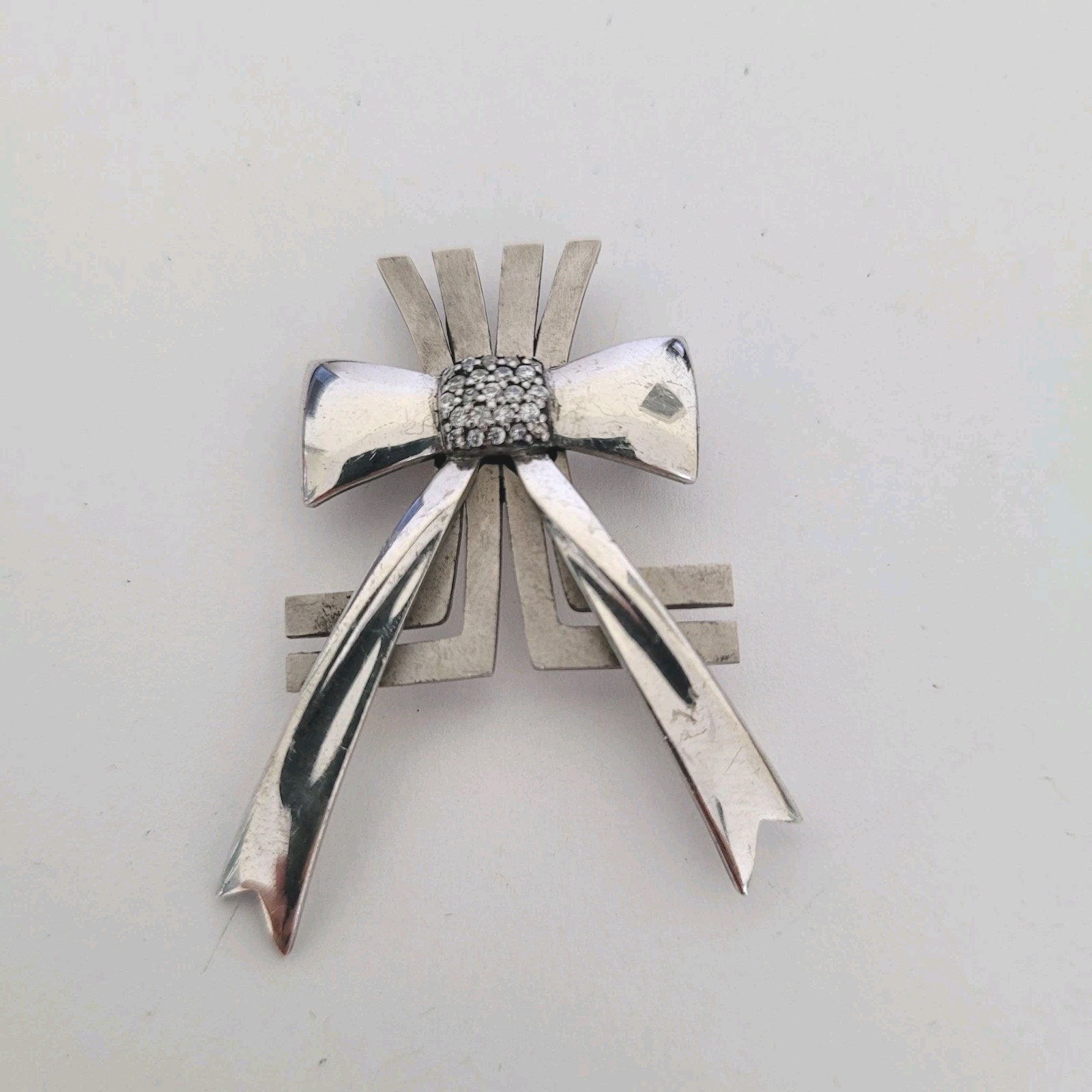 Lanvin Sterling Silver Modernist Brutalist Clear Rhinestone Brooch Pin Bow Retro